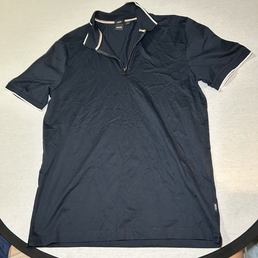 BOSS Men's Black Quarter-Zip Tipped Slim Fit Polo Shirt Sz L